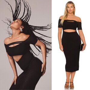 NEW Good American Off the Shoulder Cut Out Mesh Midi Dress Black